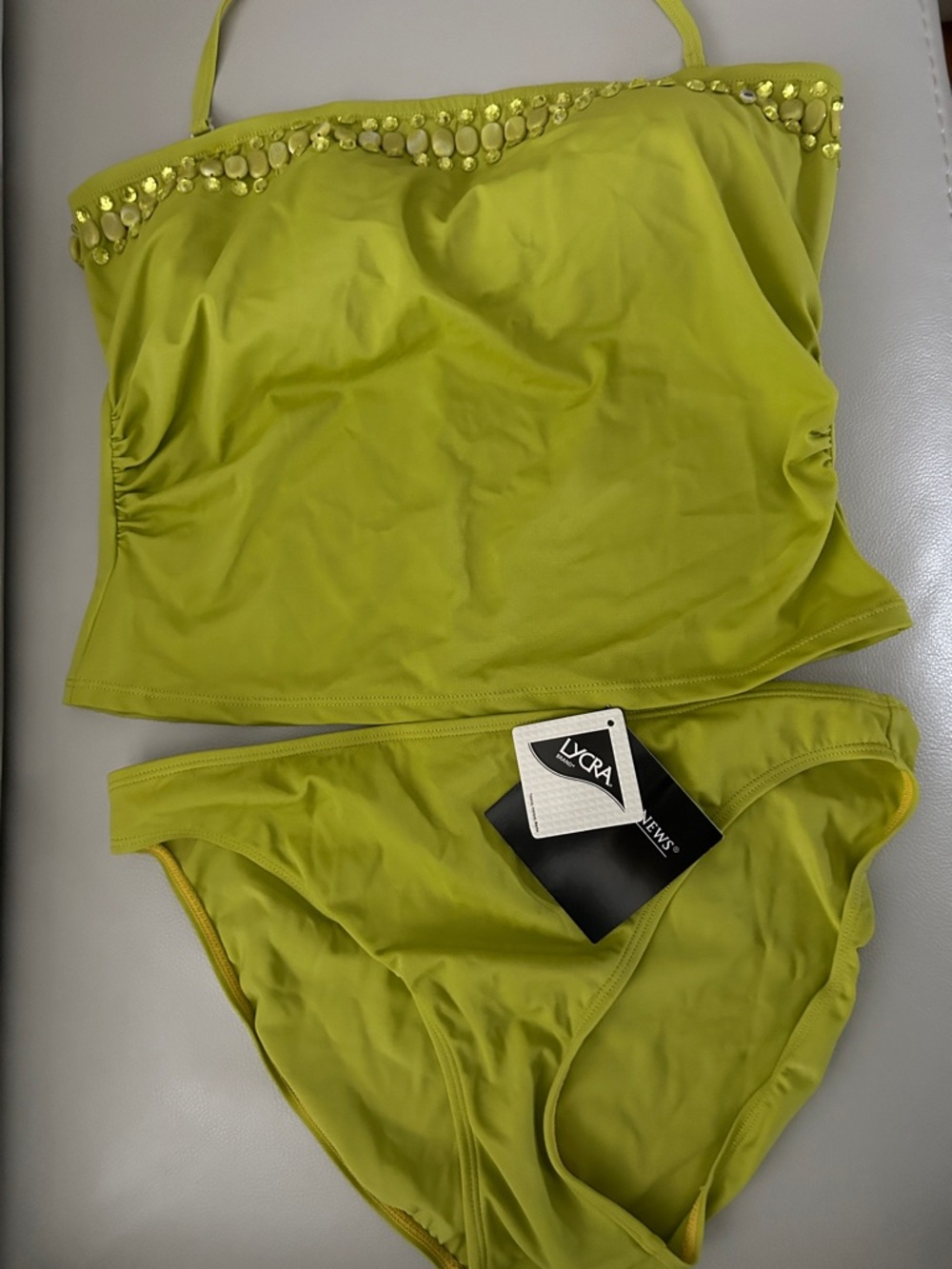 Newport News NWT Chartreuse Two-Piece Swim Set with Embellished Top - Picture 2 of 7